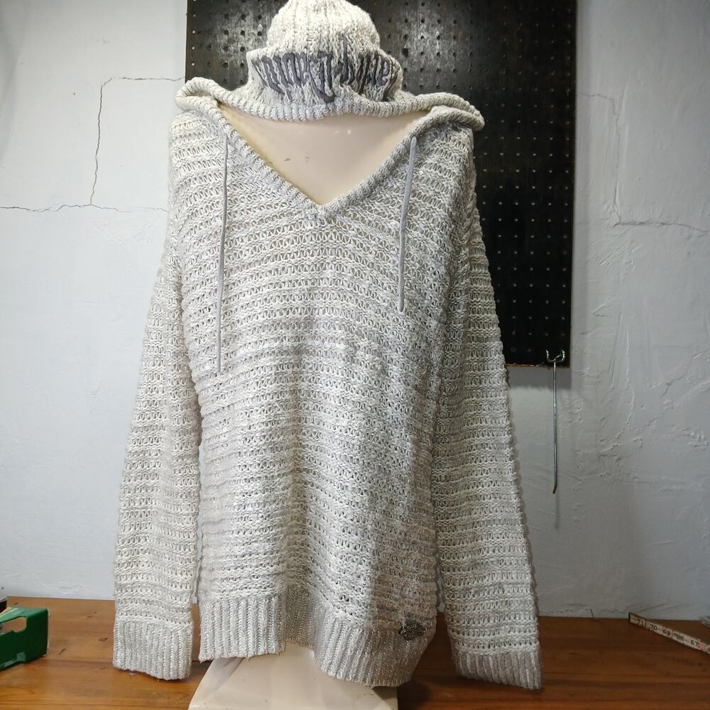 Harley Davidson Silver & Sequins Pullover Hooded embroidered womans L Sweater